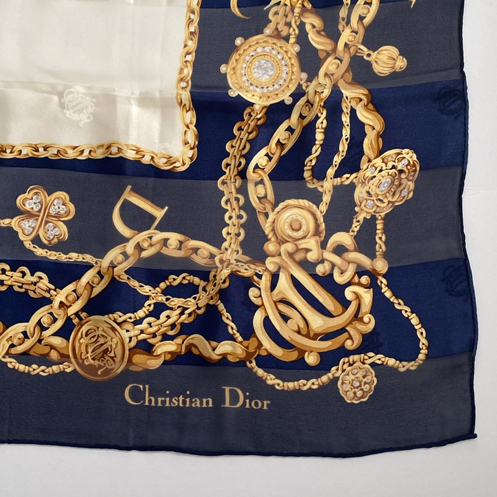 Christian Dior 100% silk scarf. Deep rich, navy blue gold cream color 34 x34 - Picture 2 of 15